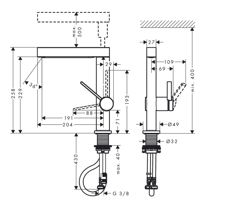 Medidas del grifo FINORIS de HANSGROHE